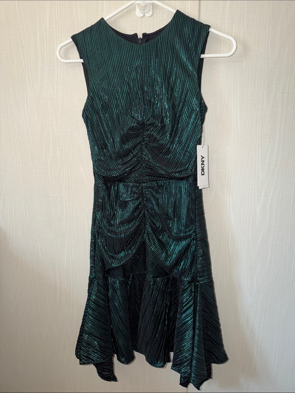 DKNY Girls' Shimmering Teal Green Ruched Pleated Party Dress